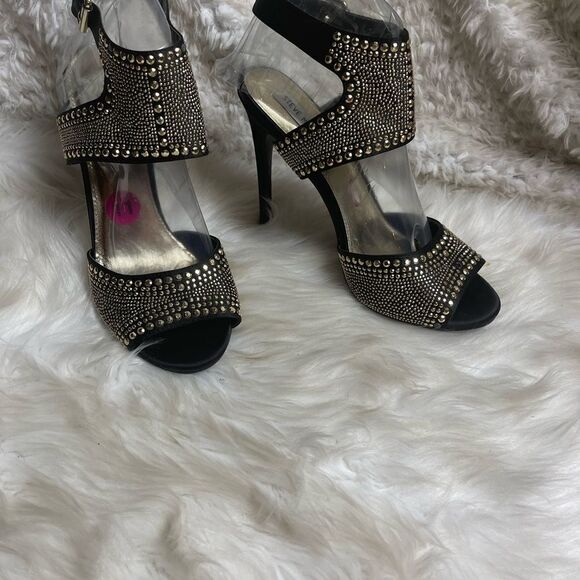Steve Madden black satin fabric& gold tone studded ankle strap sandals SZ11 - Picture 5 of 13